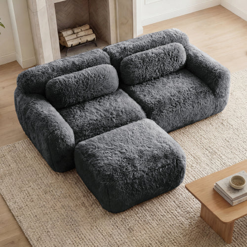 Dark-Grey L-Shaped Boneless Plush-Fabric Modular Sofa with Chaise & Throw Pillows No-Assembly