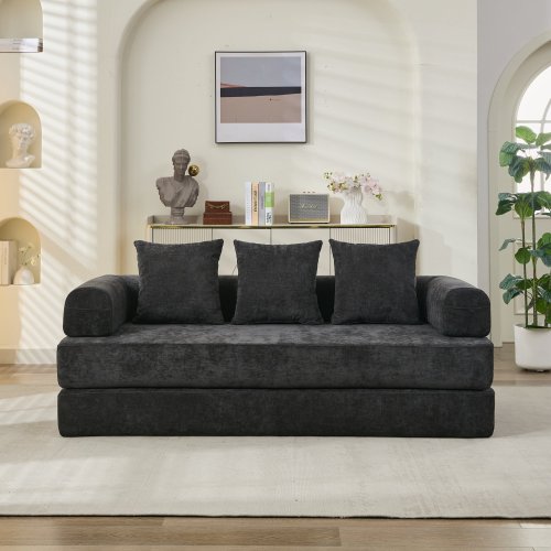 Black Chenille Convertible Folding Floor Sofa Bed with Armrest