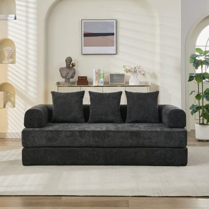 Black Chenille Convertible Folding Floor Sofa Bed with Armrest