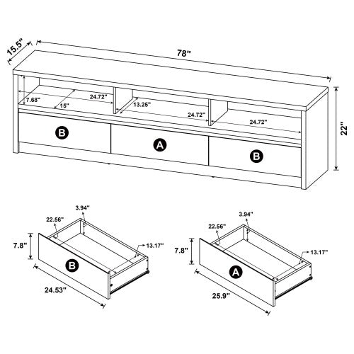 Black 78 inch TV Stand with 3 Drawers, Open Shelves & Cable Management