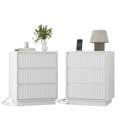 2 Pack White End Table, 3-Drawer Side Table with Fast USB-C Charging Station