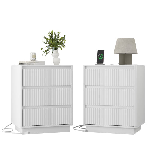 2 Pack White End Table, 3-Drawer Side Table with Fast USB-C Charging Station