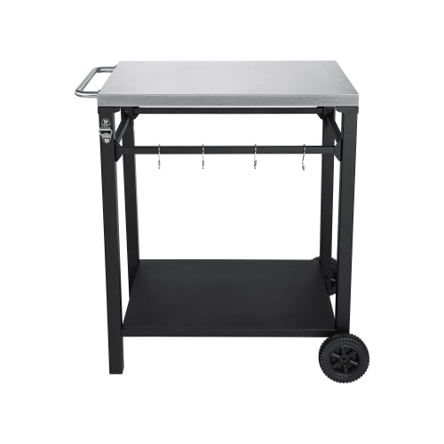 2-Tier Outdoor Grill Cart with Stainless Steel Top, Large Wheels & Tool Hooks, Movable BBQ Prep Table, Rolling Serving Bar Cart for Patio, Backyard, Pizza Oven Stand, Black