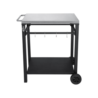 2-Tier Outdoor Grill Cart with Locking Wheels & Tool Hooks, Movable BBQ Prep Table, Rolling Serving Bar Cart for Patio, Backyard, Pizza Oven Stand, Black
