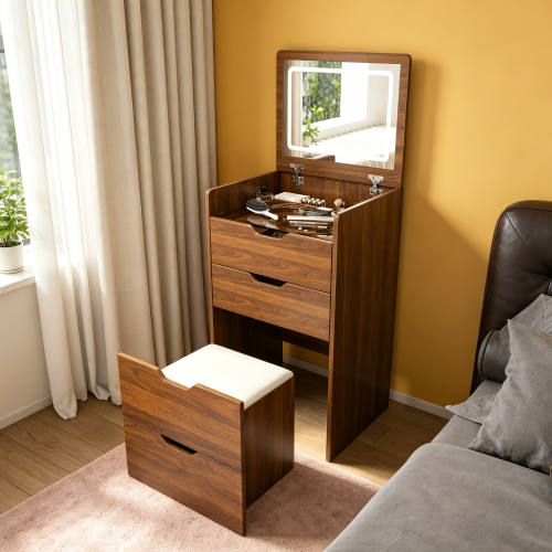 Walnut 3?in?1 Flip?Top Lighted Vanity Desk 18.9 inch L, Shatter?Proof HD Mirror, Storage Stool