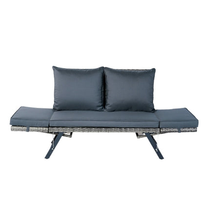 1 PCS Patio Wicker Side Foldable Bench Patio Backyard Conversation Bench Grey Wicker + Dark Grey Cushion