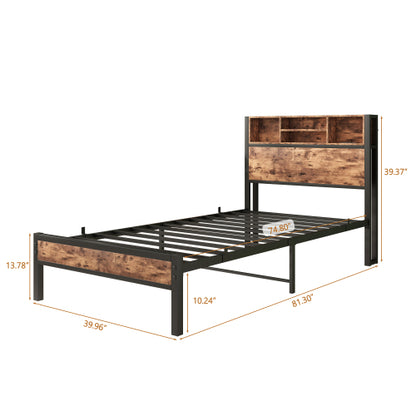 Twin Size Bed Frame with Storage Headboard, Metal Platform Bed with Charging Station,  Bookcase Storage, Easy Assembly
