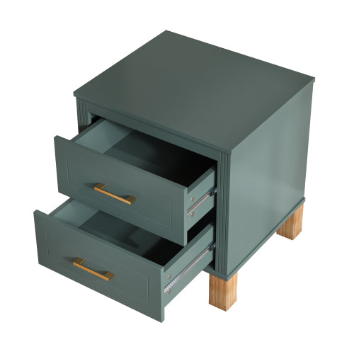 Blue Fluted Nightstand, 2-Drawer Bedside Table with Metal Handles & Solid Wood Legs