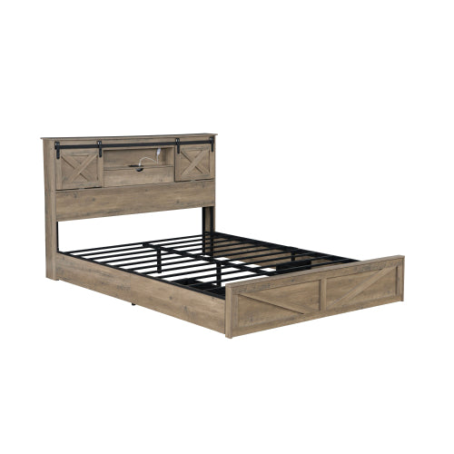 Farmhouse Bed Frame Queen Size with LED Lights and Charging Station, Wooden Queen Bed with 2 Storage Drawers, Rustic Headboard with Sliding Barn Door Storage Cabinets