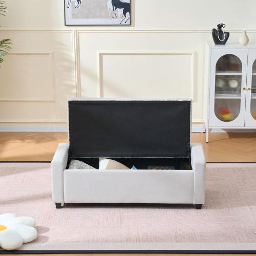 48 inch Beige Faux Linen Tufted Storage Bench, Safety Hinge Armrest Ottoman for Bedroom Entryway Living Room