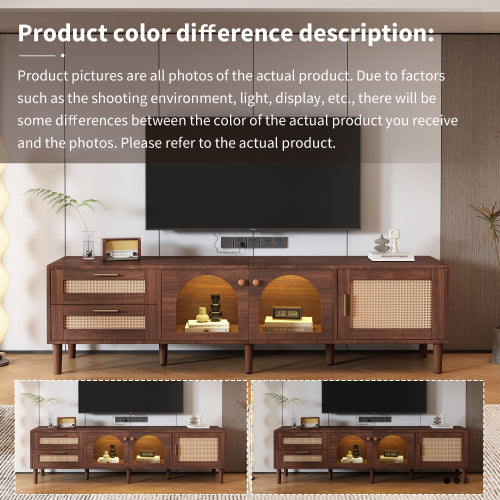 Rattan TV Stand with Drawers Glass Doors and LED Lights for 80 Inch TVs