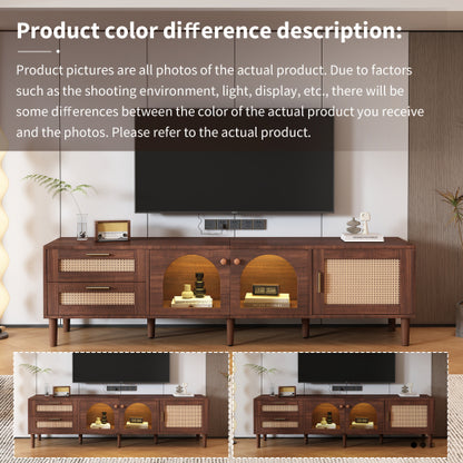 Rattan TV Stand with Drawers Glass Doors and LED Lights for 80 Inch TVs