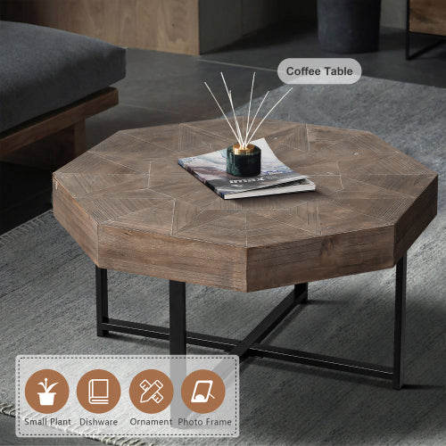 30 Inch Octagonal Patchwork Coffee Table, Antique Brown