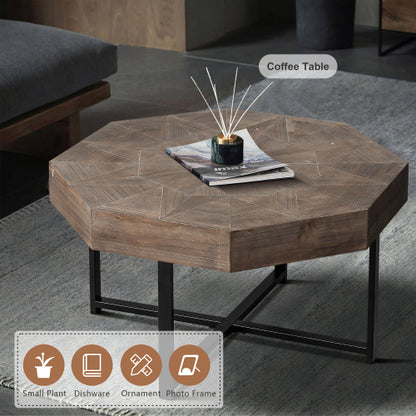 30 Inch Octagonal Patchwork Coffee Table, Antique Brown