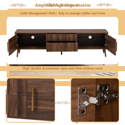 70.8 Inch Walnut Mid-Century Wood Grain TV Stand 2 Drawer Media Console Up To 80 Inch TV
