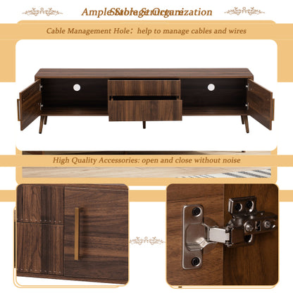 70.8 Inch Walnut Mid-Century Wood Grain TV Stand 2 Drawer Media Console Up To 80 Inch TV