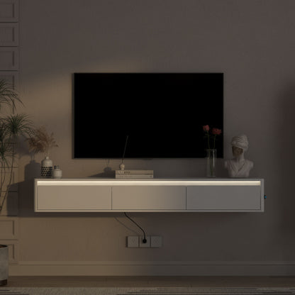 White Floating Wall Mount TV Cabinet with Touch LED Light Strip & Power Charging Ports for Living Room