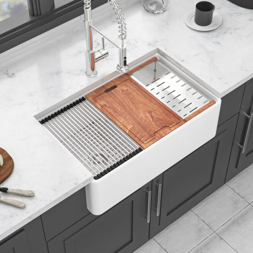 White Farmhouse Sink Workstation - 33 x 20 x 10 inch White Ceramic Porcelain Double Bowl Farm Kitchen Sink
