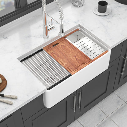 White Farmhouse Sink Workstation - 33 x 20 x 10 inch White Ceramic Porcelain Double Bowl Farm Kitchen Sink