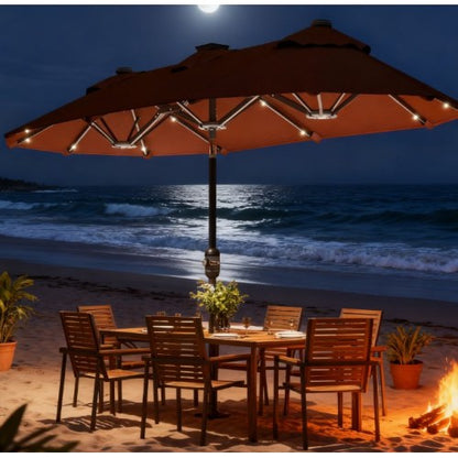 Spacious Outdoor Umbrella,Double-sided Outdoor Patio Umbrella,with Solar Lights and Base,Dining Table Umbrella Push Button Tilt