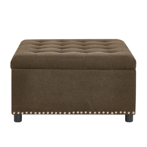 Dark Brown Tufted Square Storage Ottoman with Nailhead Trim, Upholstered Accent Foot Stool