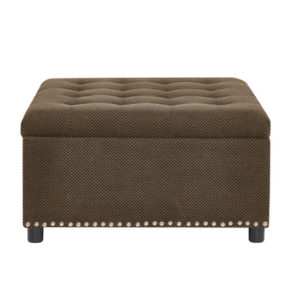 Dark Brown Tufted Square Storage Ottoman with Nailhead Trim, Upholstered Accent Foot Stool