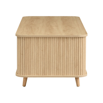 Mid-Century Natural Wood Coffee Table with Tambour Doors & 4 Open Storage Compartments