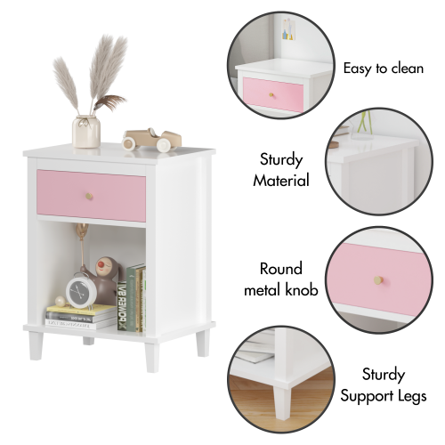 26.77''H Wooden Nightstand with One Drawer One Shelf for Kids, Adults, Pink+Golden handle