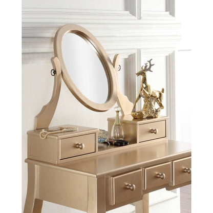 Gold Wood Makeup Vanity Table and Stool Set, 5 Lined Drawers, Adjustable Oval Mirror, 32 inch W