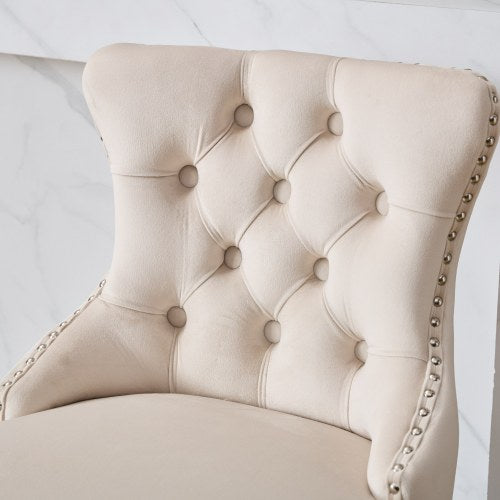 Swivel Velvet Barstools with Button Tufted Decoration and Wooden Legs, and Chrome Nailhead Trim, Leisure Style Bar Chairs,Bar stools, Set of 2 (Beige)