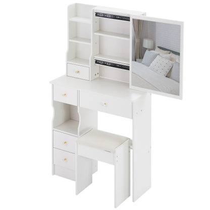 29.2" Small Space Left Drawer Desktop Vanity Table + Cushioned Stool, Extra Large Right sliding mirror, Multi Layer High Capacity Storage, Practical Fashionable Dresser, Suitable For Small Space