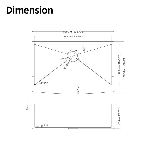 33"x21"x10"Farmhouse Apron Single Bowl Stainless Steel Kitchen Sink