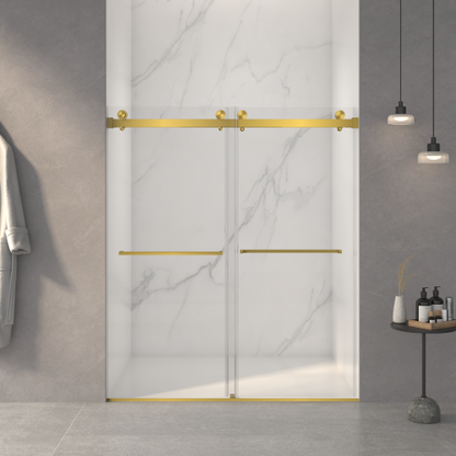 56-60"W x 70"H Frameless Double Sliding Shower Door,5/16" (8mm) Thick SGCC Tempered Clear Glass,Double Side Easy Clean Coat,Brushed Gold Finished With Buffer