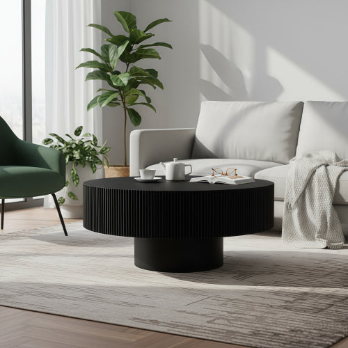 Black Fluted Round Pedestal Coffee Table, Mid Century Modern