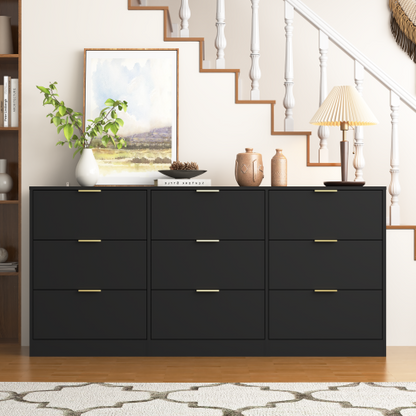 Black 9 Drawer Dresser, 63" Large Deep Chest of Drawers, Wooden Dresser Storage Cabinet with 9 Drawers for Bedroom, Long Dressers for Living Room, Hallway