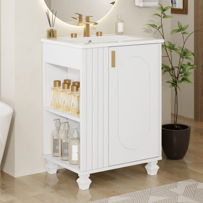 24" Bathroom Vanity with Sink, Bathroom Cabinet with Door Shelf, Side Open Storage, Solid Wood Frame,Soft Closing Door, White