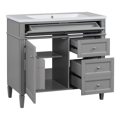 36'' Bathroom Vanity with Top Sink, Modern Bathroom Storage Cabinet with Mirror, 2 Drawers and a Tip-out Drawer, Mirror Cabinet with 6 Open Shelves, Single Sink Bathroom Vanity