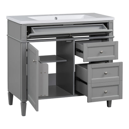 36'' Bathroom Vanity with Top Sink, Modern Bathroom Storage Cabinet with Mirror, 2 Drawers and a Tip-out Drawer, Mirror Cabinet with 6 Open Shelves, Single Sink Bathroom Vanity