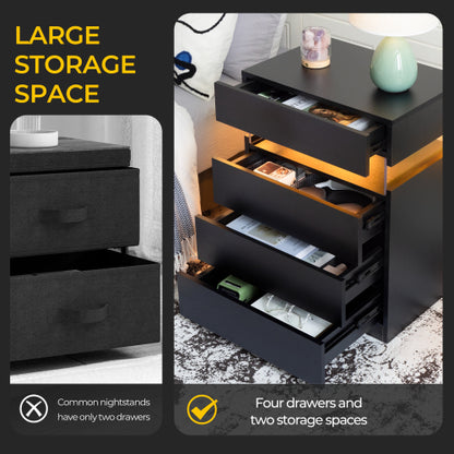 Black 4-Drawer LED Nightstand with RGB Lights