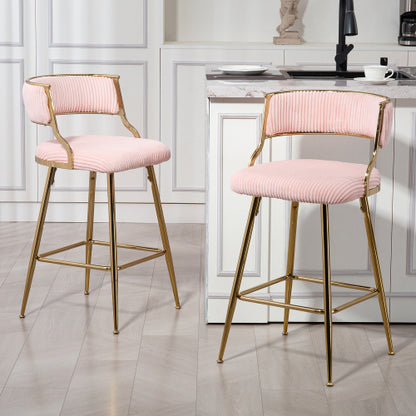 (SET of 2) 26inch  Counter height bar stools Corduroy kitchen island counter bar stool with back,golden chromed base and footrest (PINK)