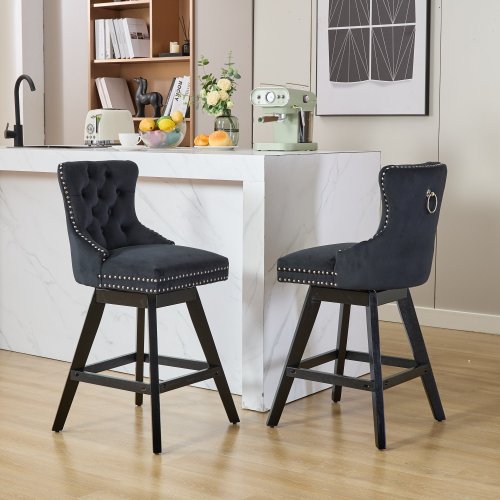 Swivel Velvet Barstools with Button Tufted Decoration and Wooden Legs, and Chrome Nailhead Trim, Leisure Style Bar Chairs,Bar stools, Set of 2 (Black)