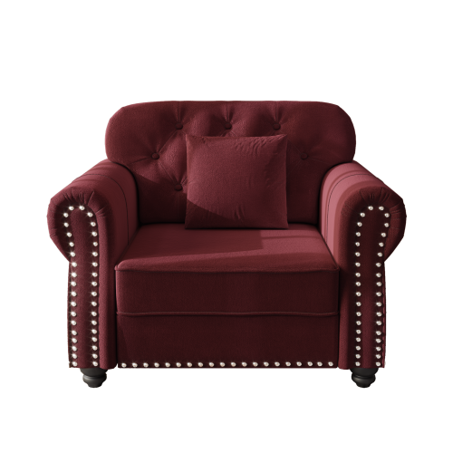 41.3 inch  Burgundy Velvet Mid-Century Sofa,Nailhead Trim & 1 Pillow