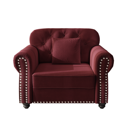 41.3 inch  Burgundy Velvet Mid-Century Sofa, Nailhead Trim & 1 Pillow