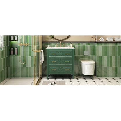 30'' Bathroom Vanity with Ceramic Sink Combo, Free Standing Single Vanity Set with 3 Drawers, Solid Wood Frame Bathroom Storage Cabinet, Green