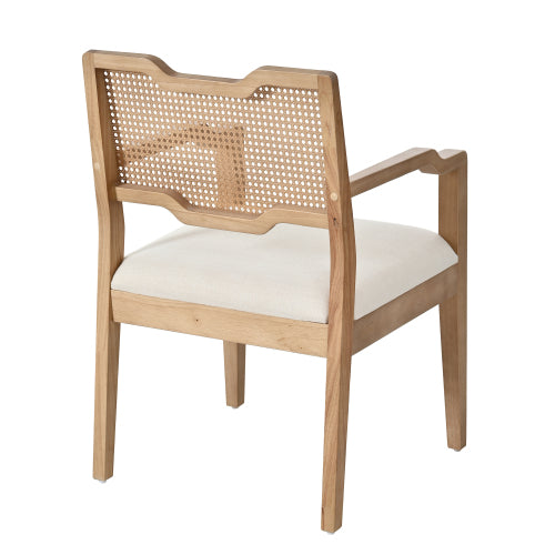 Set of 2 Natural Rubber Wood Farmhouse Rattan Back Arm Dining Chairs, Beige Fabric Upholstered 300 LBS Capacity