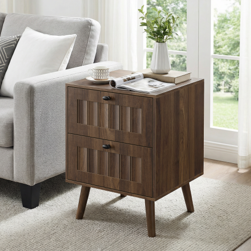 2-Pack Walnut Medieval Retro Nightstand, 2 Drawers with Solid Wood Legs & Silent Slides
