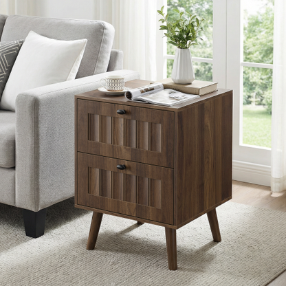 2-Pack Walnut Medieval Retro Nightstand, 2 Drawers with Solid Wood Legs & Silent Slides