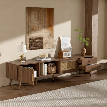 76.7 inch Natural Wood PE Rattan TV Stand Rubber Wood Leg Media Console Fits Up To 85 inch TV