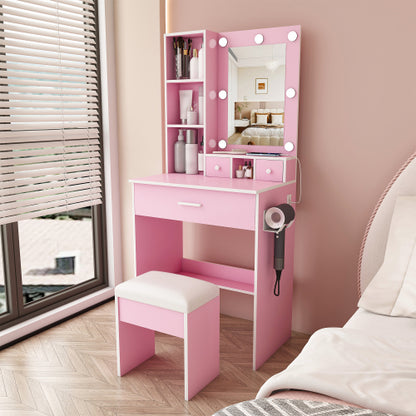 Pink Compact LED Vanity Table Set, Power Outlet, Hairdryer Holder, Drawers & Upholstered Stool