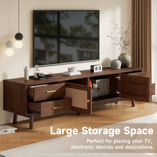 70.87 inch Dark Brown PE Rattan TV Stand 4 Drawer Pine Leg Media Console Fits Up To 80 Inch TV